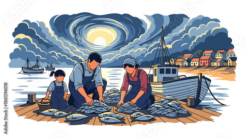 Modern vector illustration of coastal fisherman family sorting fish on dock with boats and village houses behind, small business fishing and local economy concept