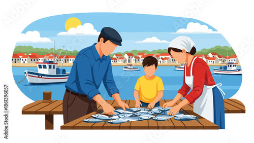 Modern vector illustration of coastal fisherman family sorting fish on dock with boats and village houses behind, small business fishing and local economy concept