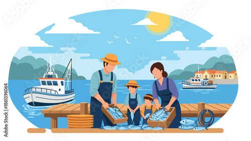Modern vector illustration of coastal fisherman family sorting fish on dock with boats and village houses behind, small business fishing and local economy concept