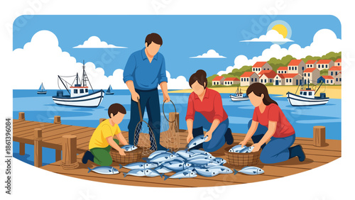 Modern vector illustration of coastal fisherman family sorting fish on dock with boats and village houses behind, small business fishing and local economy concept