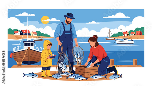 Modern vector illustration of coastal fisherman family sorting fish on dock with boats and village houses behind, small business fishing and local economy concept