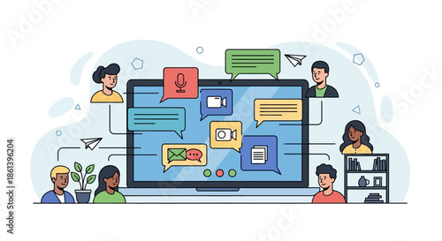 Group of diverse people communicating through digital messaging on large computer screen illustration with communication and collaboration and teamwork