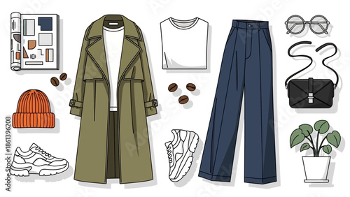 Casual Outfit Flat Lay: Trench Coat, Wide-Leg Pants, Sneakers, Beanie