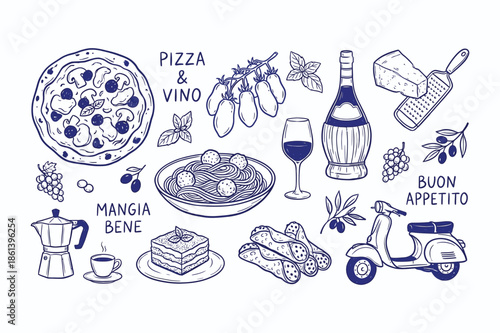 Playful Italian Food and Wine Collection. Pizza, Pasta, Vino, Coffee, Grapes, Tiramisu, Olive, Espresso, Italian Icons, Fun Hand-Drawn Illustrations, Mangia Bene, Buon Appetito, Vector Art.