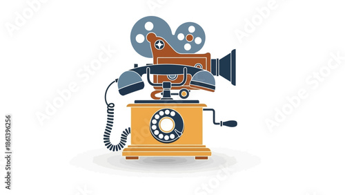 Vintage projector on retro phone, retro technology concept