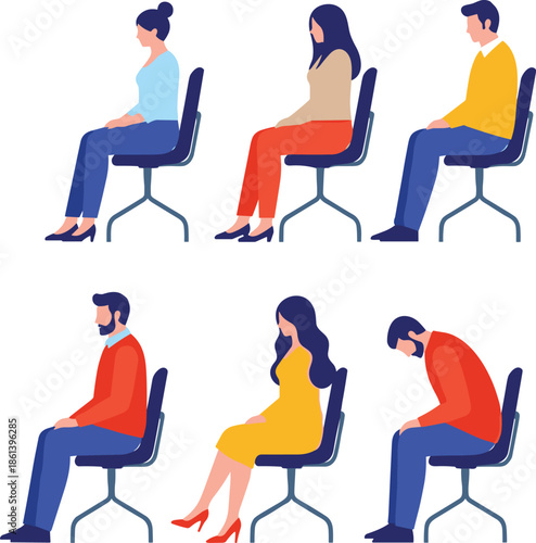 Flat vector illustration set of people sitting in chairs showing diverse postures for office waiting room and ergonomic themes