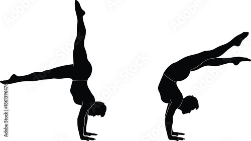 Handstand silhouette vector set showing dynamic poses, leg variations, black shapes, fitness movement concept, isolated design, expressive posture, gymnastics and yoga illustration, strength 