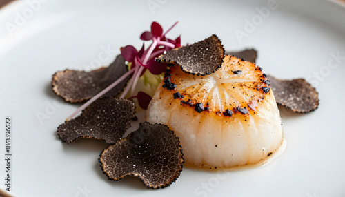Elegant gourmet dish featuring a perfectly seared scallop served on a smooth ceramic plate and delicately topped with freshly shaved black truffle slices. fine dining presentation, photo, macro, ad, 1