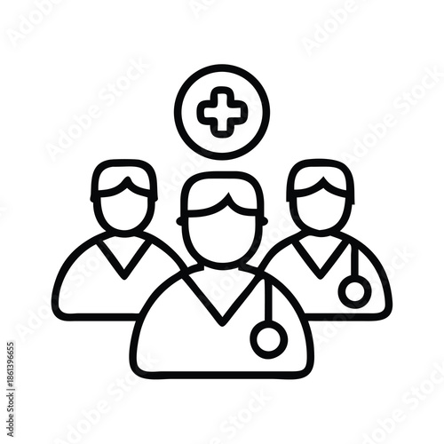 Medical Team Icon with Healthcare Professionals and Cross Symbol for Clinical Services