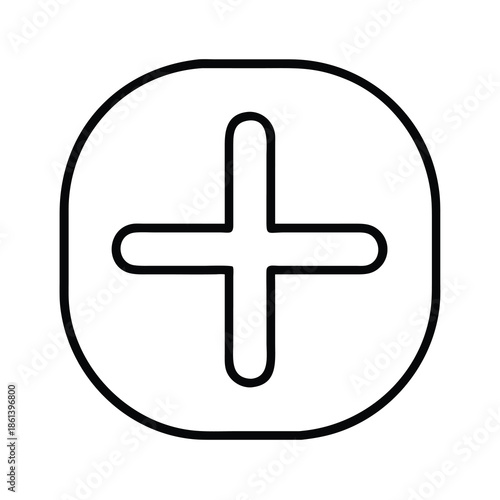 Rounded plus sign icon in line art style for add functionality, medical symbols, or positive operations