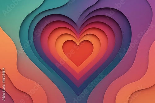 Artistic abstract background with layered paper-cut heart shapes and smooth color transitions