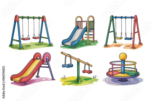 Playground Drawing Set. Swing, Slide, Seesaw, Merry-Go-Round, Kid's Play Area, Colorful Play Equipment, Fun Activities, Playtime Illustrations, Child Play, Hand-Drawn Style.