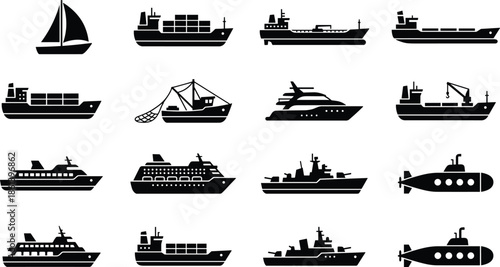 Collection of ship silhouettes, various boats, cargo ships, yachts, submarines, fishing vessels, marine transport icons, navy ships, maritime industry, ocean transportation, vector illustration, 