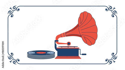 Vintage Gramophone and Vinyl Records Illustration