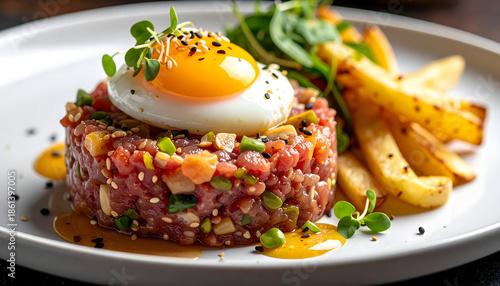 Elegant gourmet presentation of fresh beef steak tartare topped with a raw organic egg yolk, complemented by sweet and sour banana elements and refined sauce. Close-up macro food photography, cuisine,