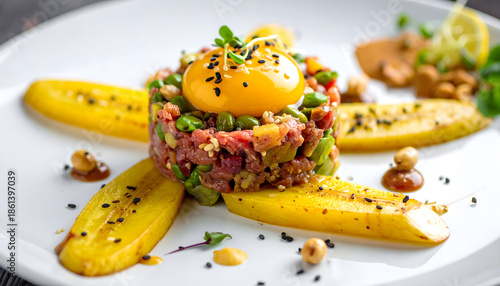 Elegant gourmet presentation of fresh beef steak tartare topped with a raw organic egg yolk, complemented by sweet and sour banana elements and refined sauce. Close-up macro food photography, cuisine,