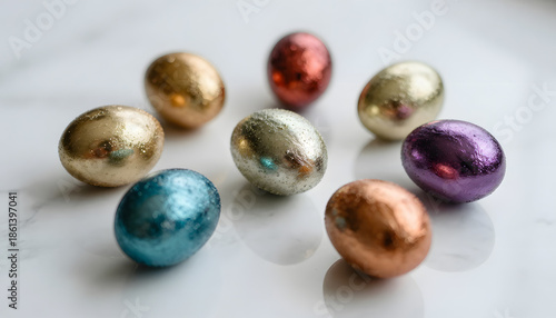 Elegant macro still life of glossy Easter eggs in gold, silver and jewel tones arranged on a white marble surface. Minimalist composition with soft natural light and refined metallic textures. photo
