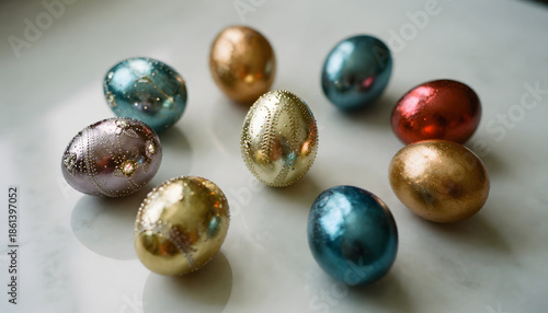 Elegant macro still life of glossy Easter eggs in gold, silver and jewel tones arranged on a white marble surface. Minimalist composition with soft natural light and refined metallic textures. photo