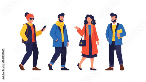 Diverse Group of People Walking and Talking, Modern Flat Illustration