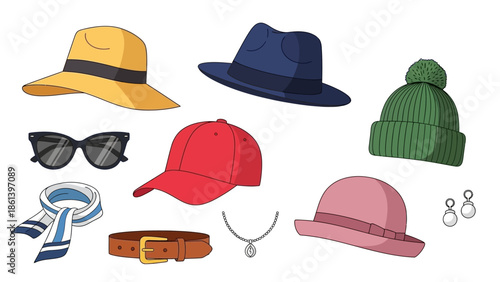 Fashion Accessories Collection: Hats, Sunglasses, Scarf, Belt, Necklace