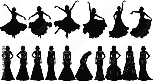 Elegant female dancer silhouettes in flowing gowns, graceful ballet and contemporary dance poses, fashion illustration collection isolated on white background studio art design set