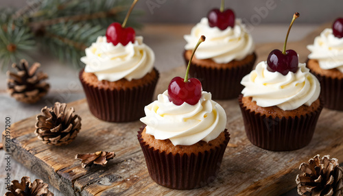 Close-up macro photo of a Black Forest cherry cake slice with rich chocolate layers, fresh cream and cherries, served on a rustic wooden background. Traditional German dessert presented in an elegant,