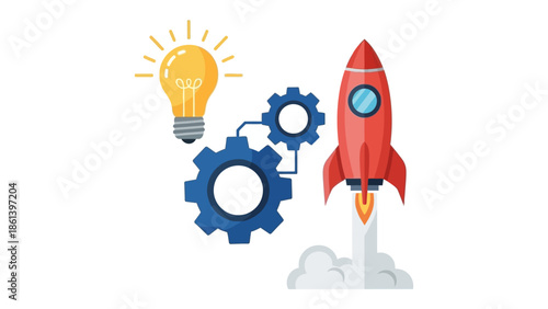 Rocket Launch with Lightbulb and Gears - Idea and Innovation Concept