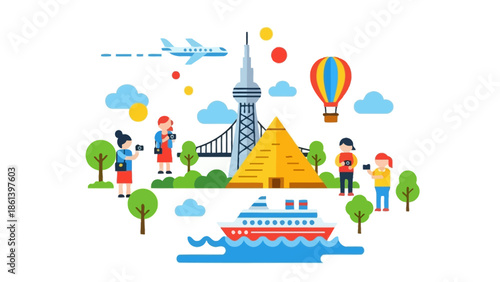 Travel around the world with landmarks, people, and transport