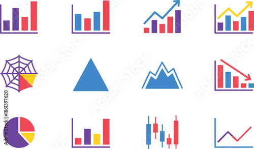 Business data visualization icon set featuring colorful bar charts, line graphs, pie charts, candlestick charts, and financial growth analytics symbols for infographic design.
