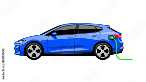 Blue electric car charging on white background