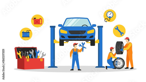 Car Repair Service: Mechanics Fixing Auto on Lift with Tools