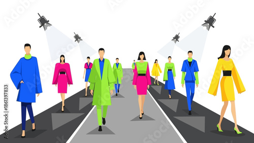 Fashion show catwalk with models walking and spotlights