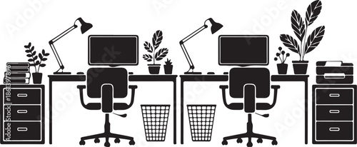 office workspace with two desks and computer equipment in a simple silhouette style