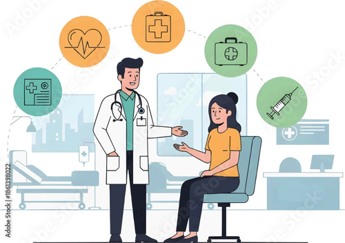 A professional doctor talking to a seated patient in a bright medical office. Surrounded by floating icons of heart rate, pharmacy, and syringes for healthcare concepts.