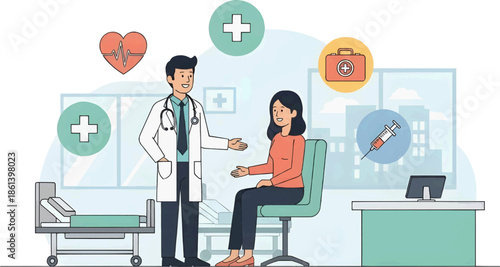 Flat vector illustration of a male doctor discussing diagnosis with a female patient in a modern hospital room. Includes medical icons and a clinic bed in the background.