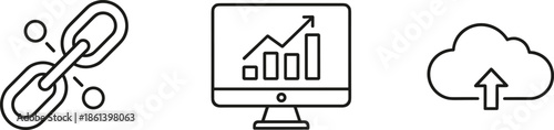 Set of black linear icons featuring a link chain symbol computer monitor with growth bar chart and cloud upload arrow for digital data analysis and networking.