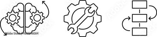 Set of black linear icons featuring a brain with gears for logic and artificial intelligence a wrench inside a gear for technical repair and a vertical flowchart for organizational process.