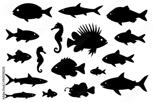 set of sea animals,
Set of Fish Silhouettes – Most Popular Sea Fish Vector Illustration Set