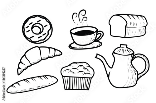 hand drawn bakery food and coffe line art illustration