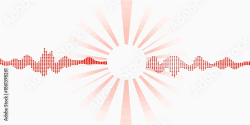 Abstract vector design featuring a bright red ribbon and heart pattern with glowing sun rays and summer sunlight effects on a decorative wallpaper illustration