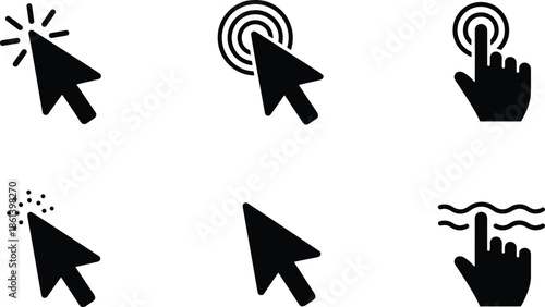 Set of black mouse pointer arrow icons and hand click cursors with interactive touch effects isolated on white background for website navigation and user interface design.