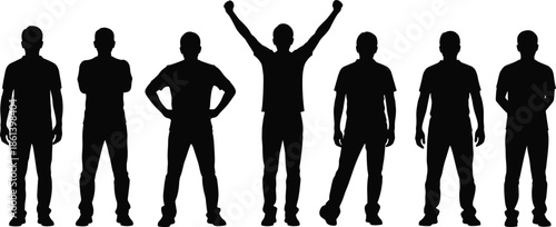 Black silhouette of men standing in line with one man raising arms in victory, leadership and success concept on white,