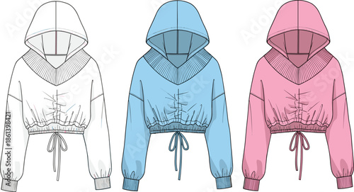 Cropped hooded sweatshirt sketch, fashion rendering stages, V-neck drawstring hoodie, garment design template, flat vector illustration, casualwear