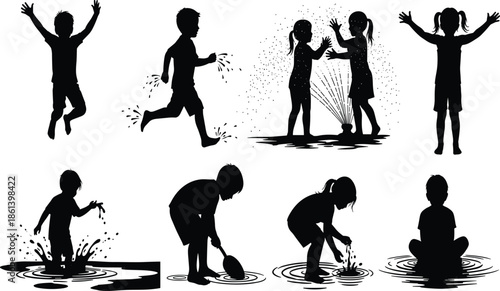 Black silhouettes of children playing in water jumping in puddles running through sprinklers and enjoying summer outdoor fun on white background