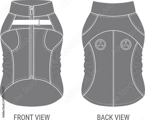 Fitted vest jacket sketch, ruched side panels, emblem back design, technical fashion illustration, flat vector garment drawing, zip closure