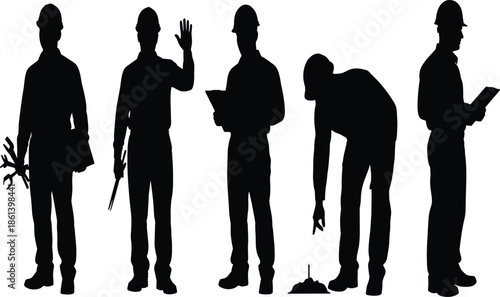 Black silhouettes of construction workers engineers and builders wearing hard hats holding tools and clipboards isolated on a white background