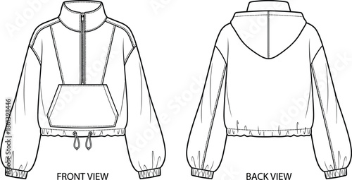 Cropped pullover hoodie sketch, front back view, half-zip kangaroo pocket, drawstring hem, technical fashion illustration, flat vector