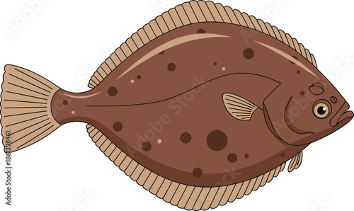 Flatfish cartoon illustration, flounder halibut drawing, asymmetrical fish anatomy, bottom dweller marine animal, flat vector seafood graphic