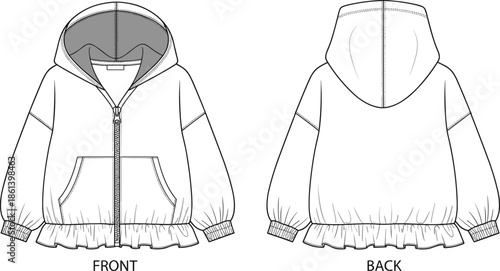 Hooded jacket front back sketch, gathered hem design, fashion technical illustration, zip closure template, flat vector garment drawing