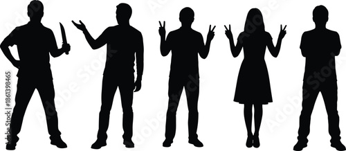 Black silhouettes of diverse people posing with various hand gestures and objects isolated on white background for creative design projects.